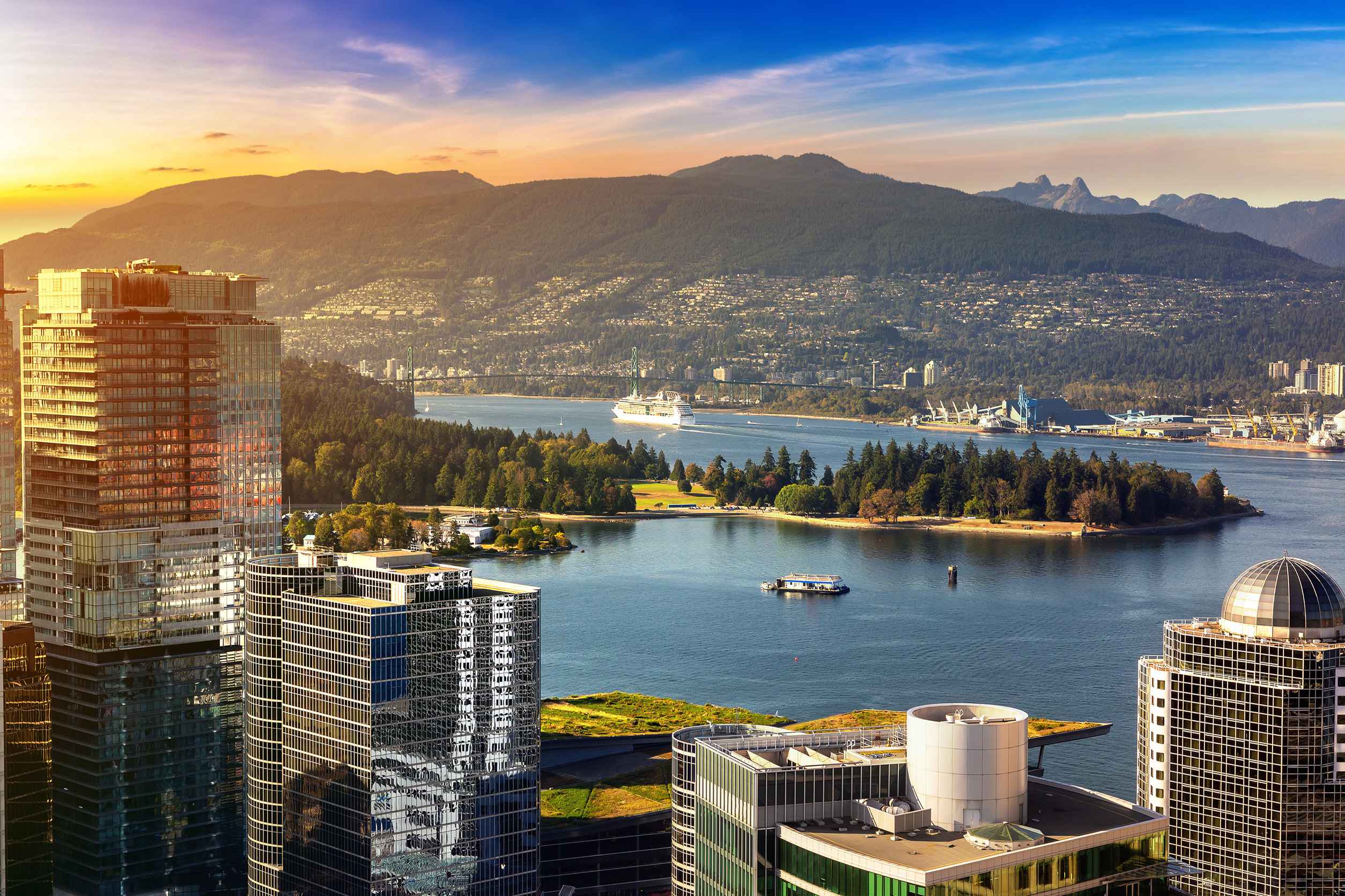 Aerial View Of Vancouver At Sunset In Canada