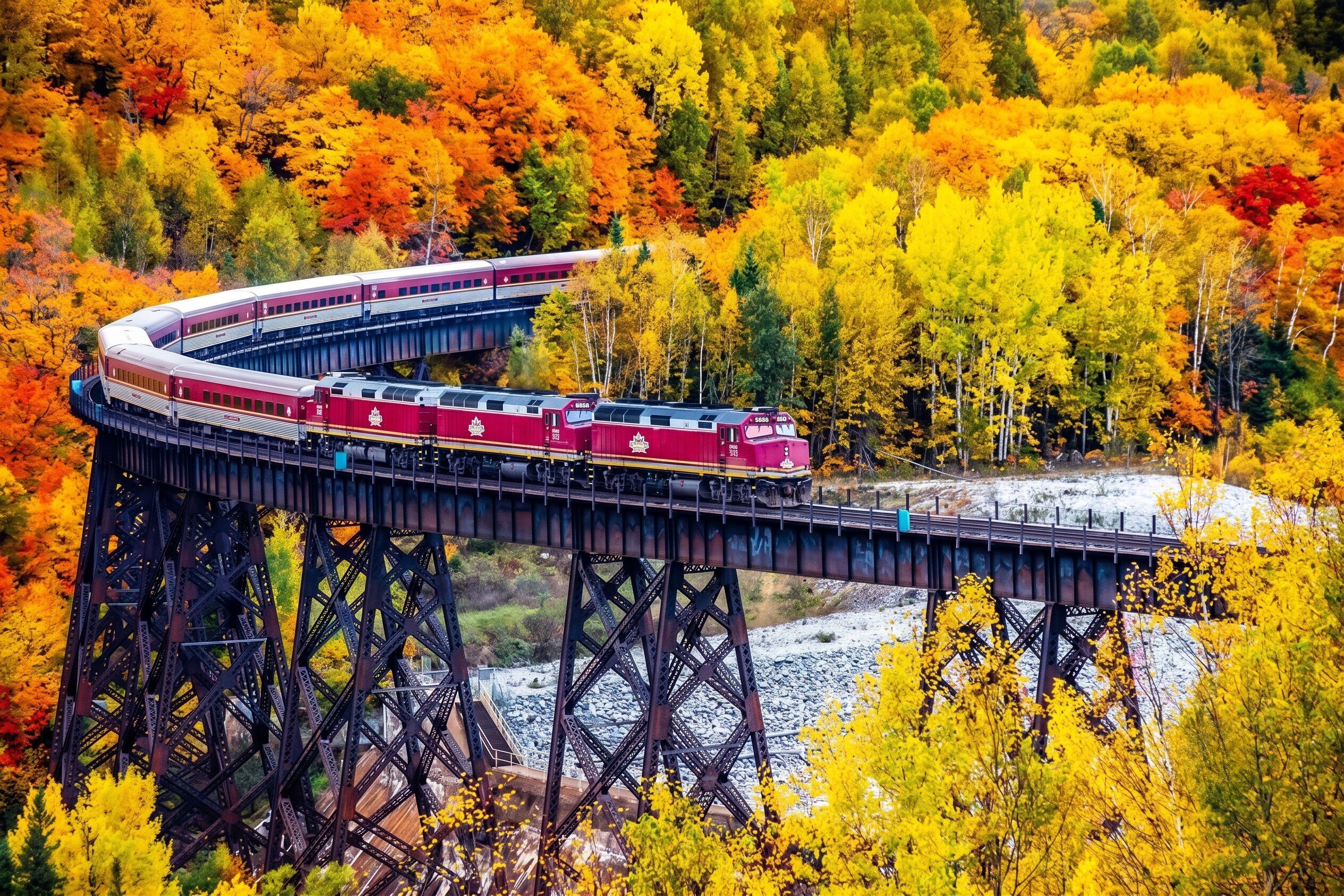 Agawa Canyon Tour Train Riding Atop A Bridge