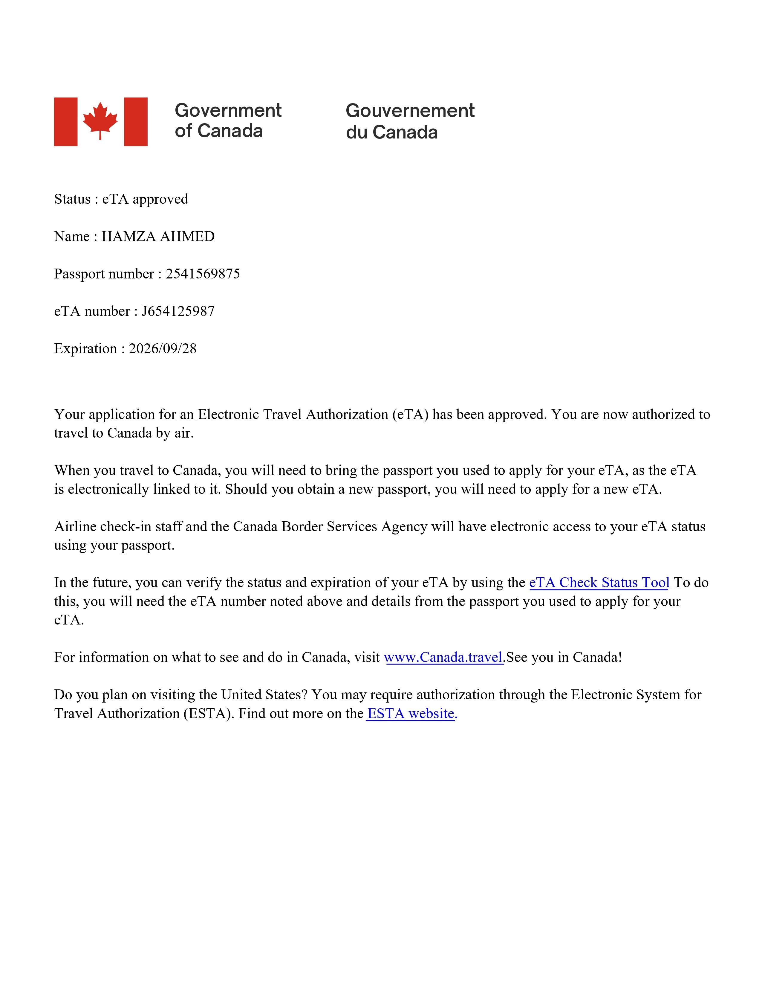 Approved Canada eTA