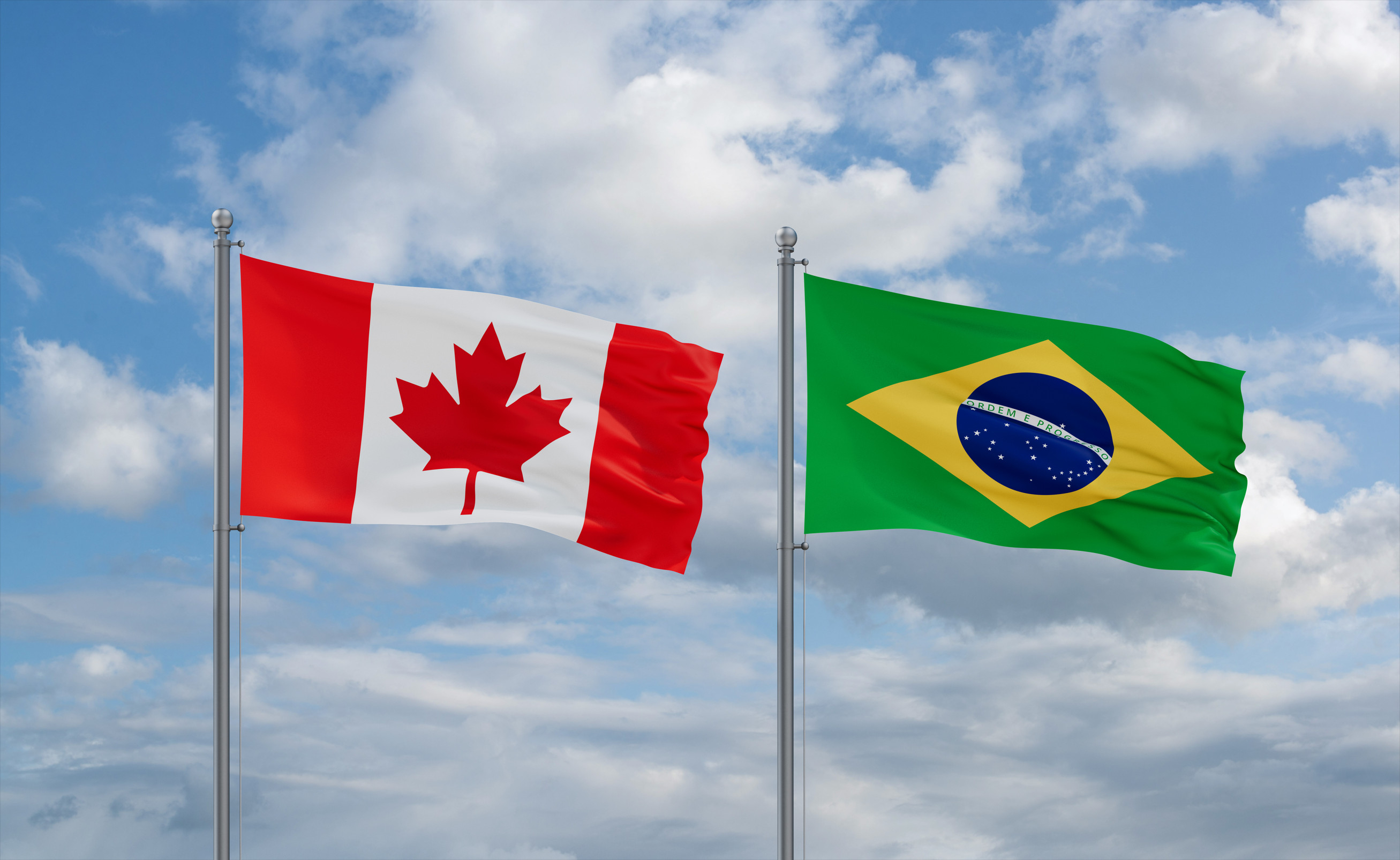 Brazil And Canada Flags Waving Together