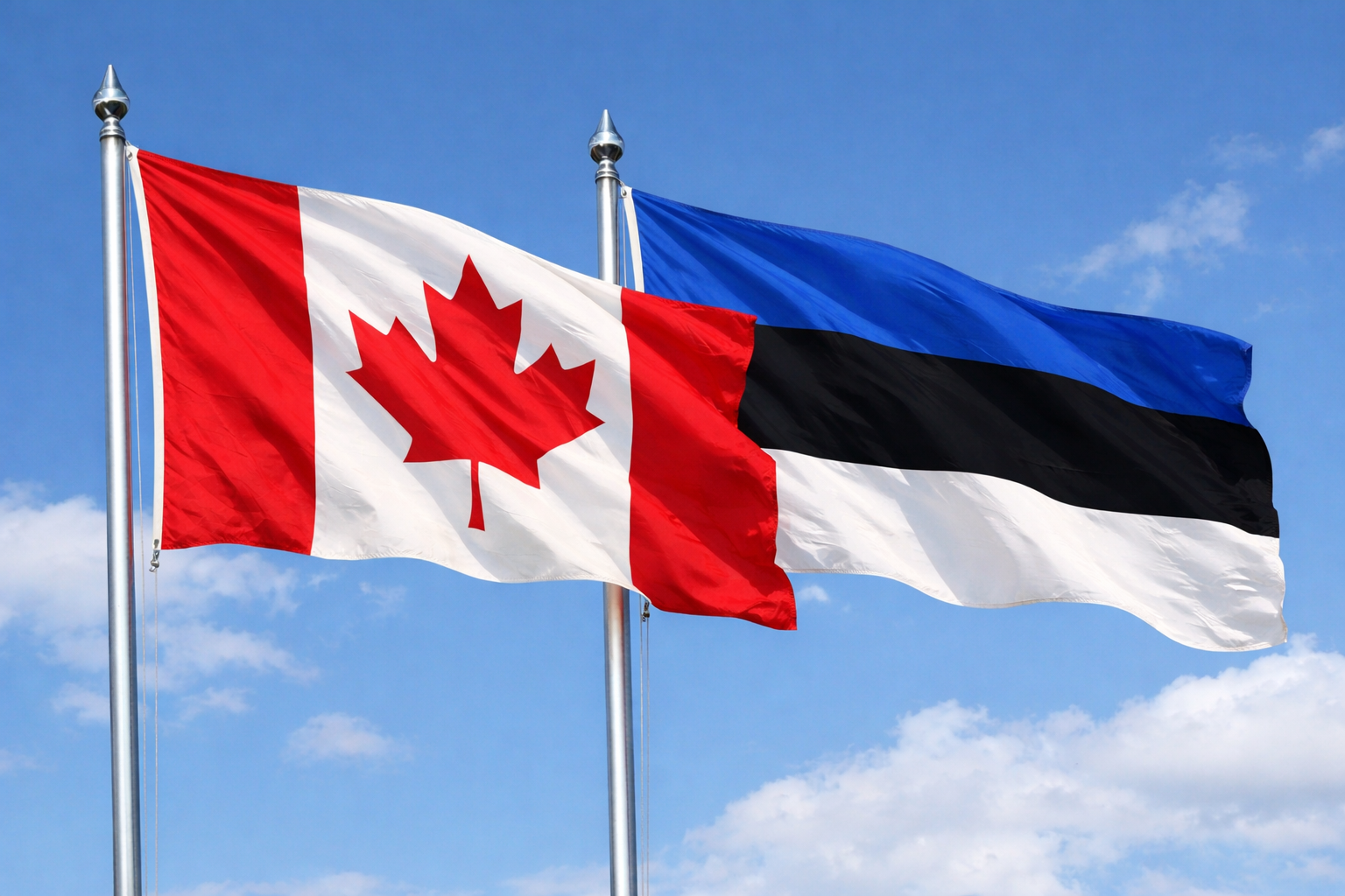 Canada Flag With Estonia Flag Waved Together In The Wind