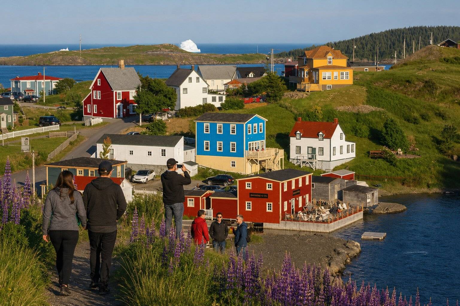 Coastal village with iceberg backdrop