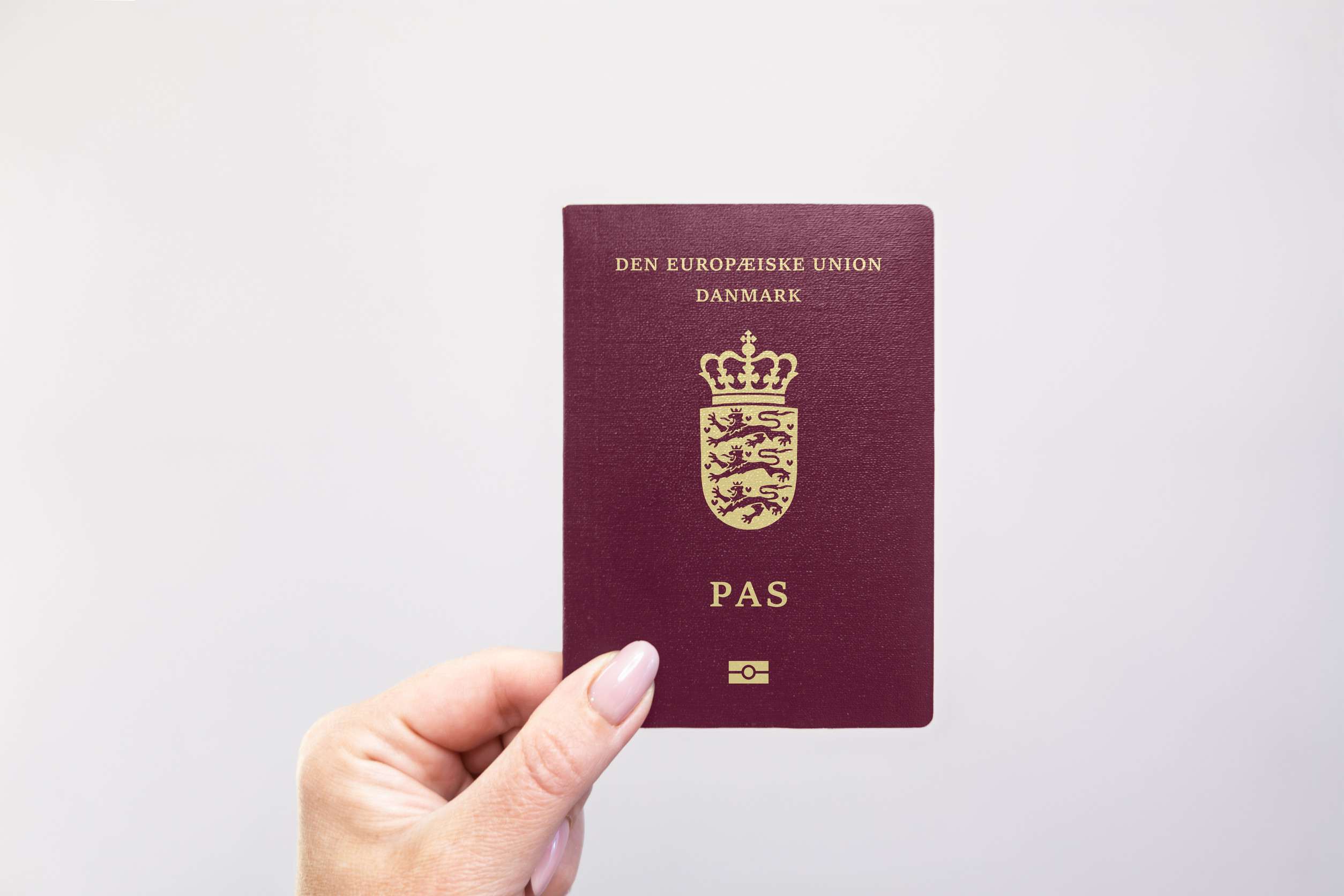 Denmark Held Passport In Hand Against A Plain