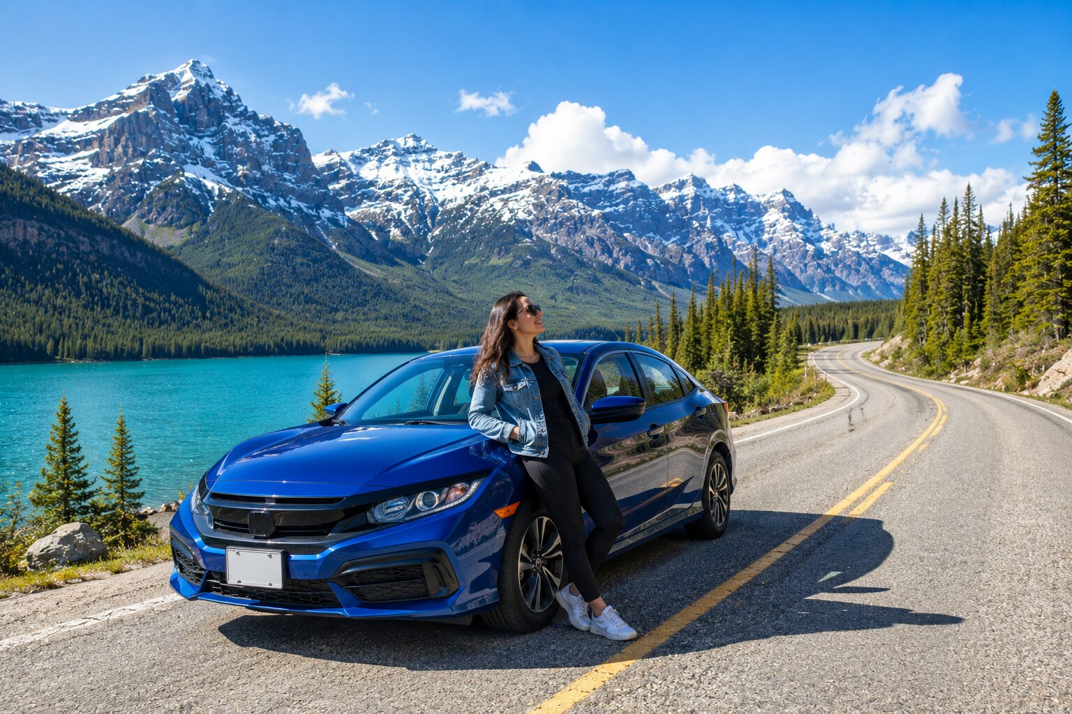 Female Traveller With A Rental Car In Canada
