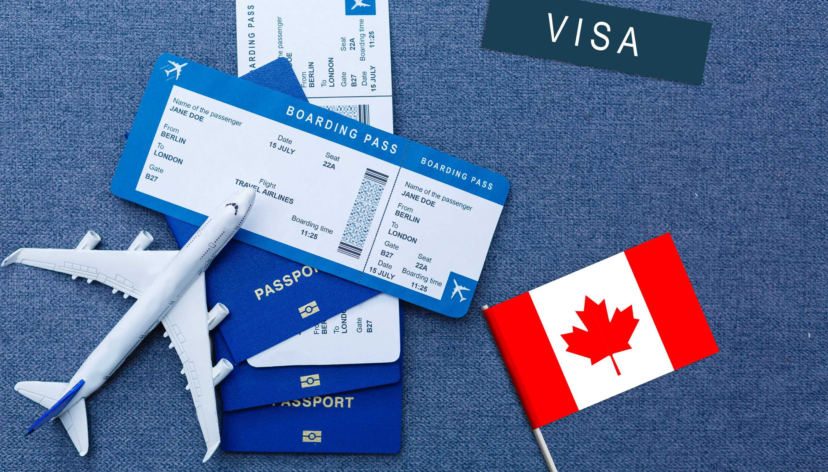 Flag Of Canada With Passport And Toy Airplane Flight Travel Concept