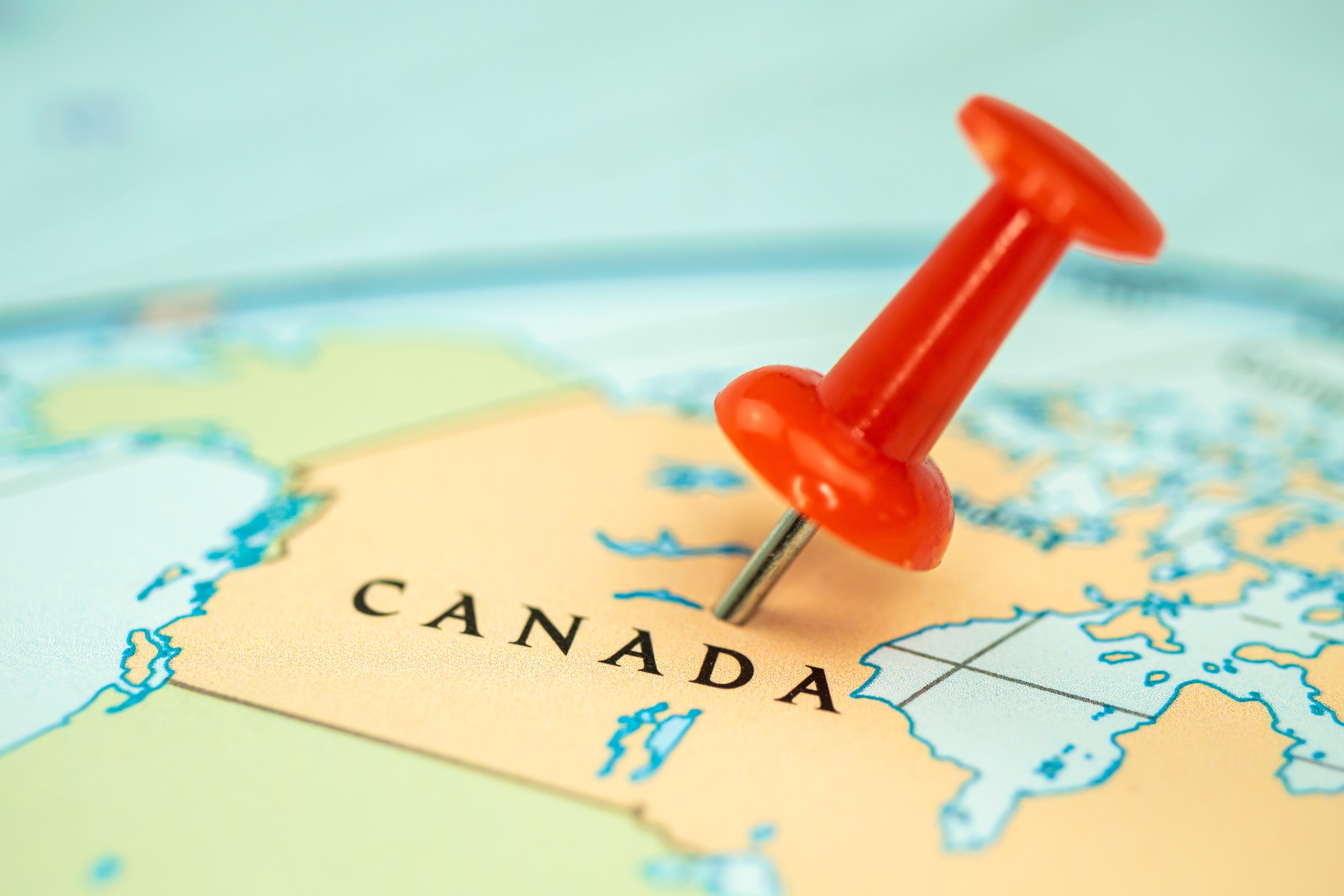 location canada map with red push pin pointing close up north america