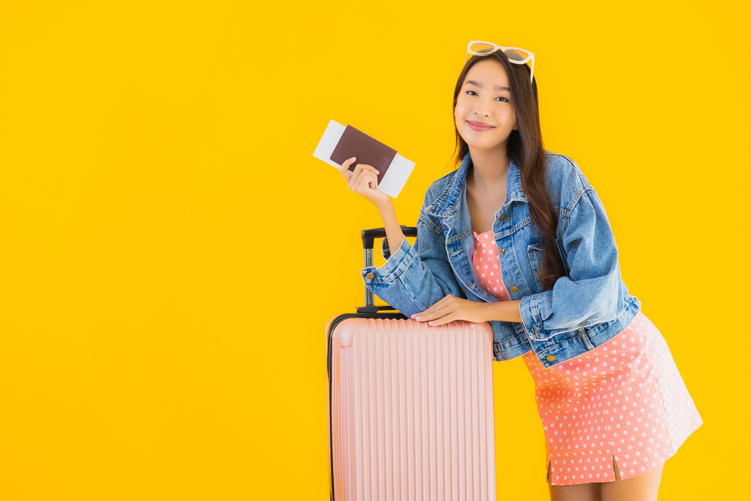 portrait beautiful young asian woman with luggage travel bag with passport