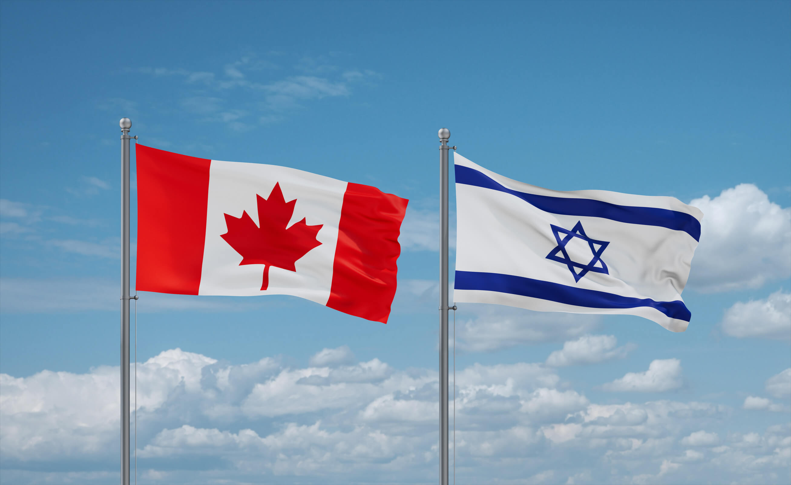 Israel And Canada Flags Waving Together