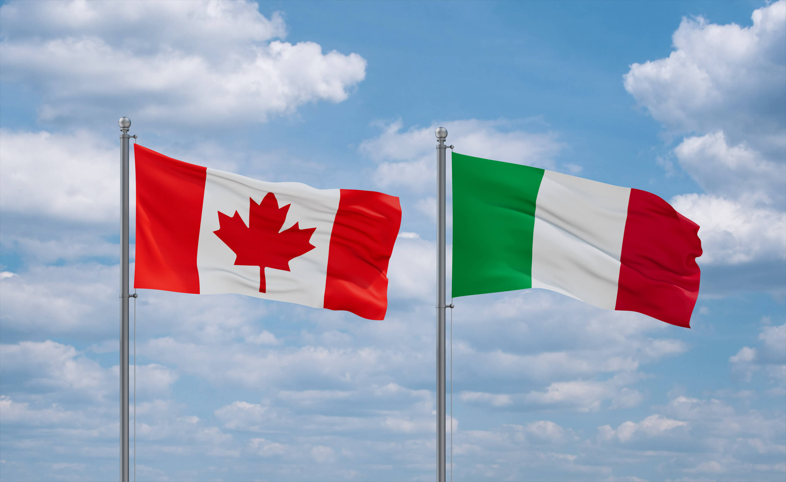 Italy And Canada Flags Waving Together