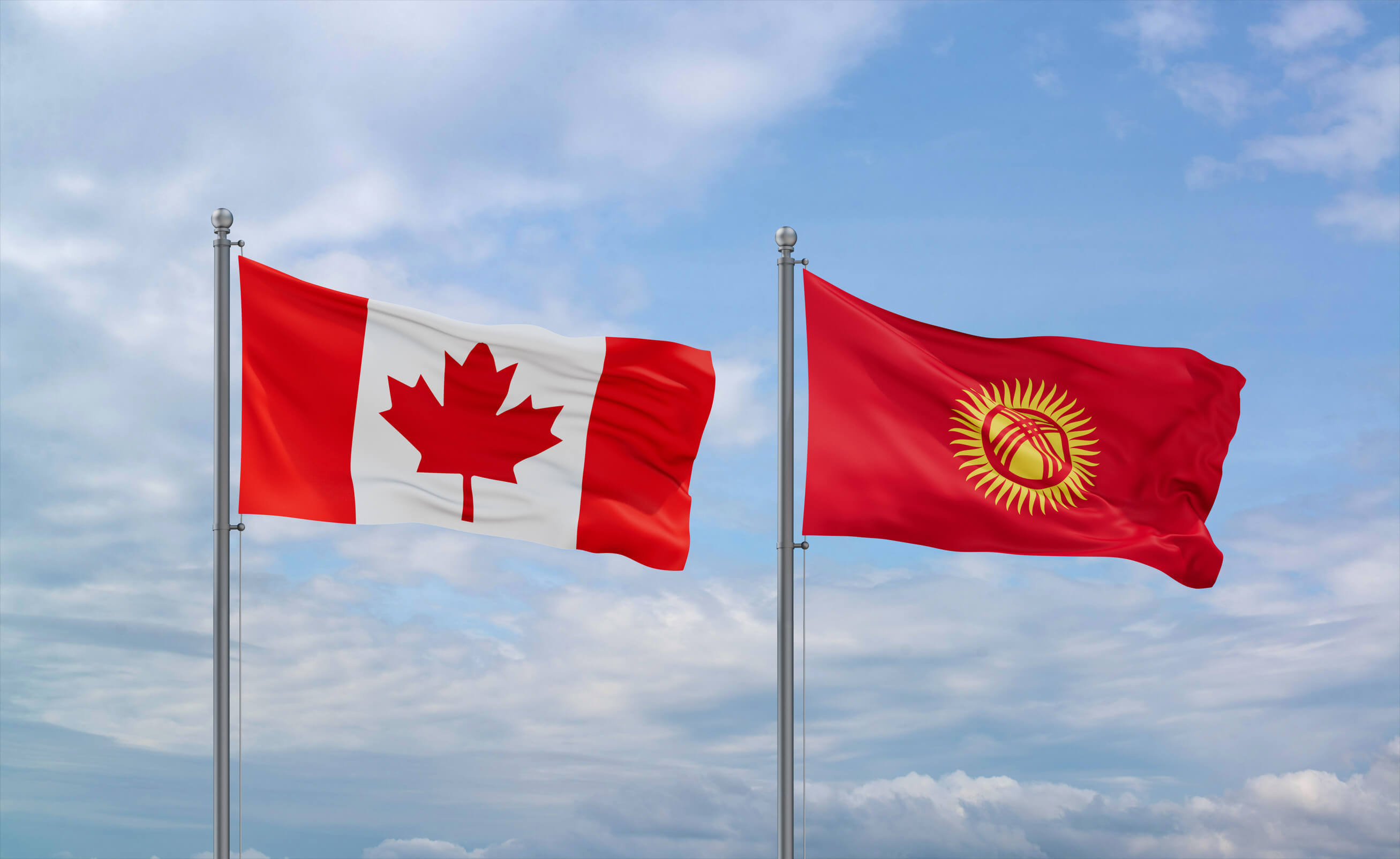 Kyrgyzstan And Canada Flags Waving Together