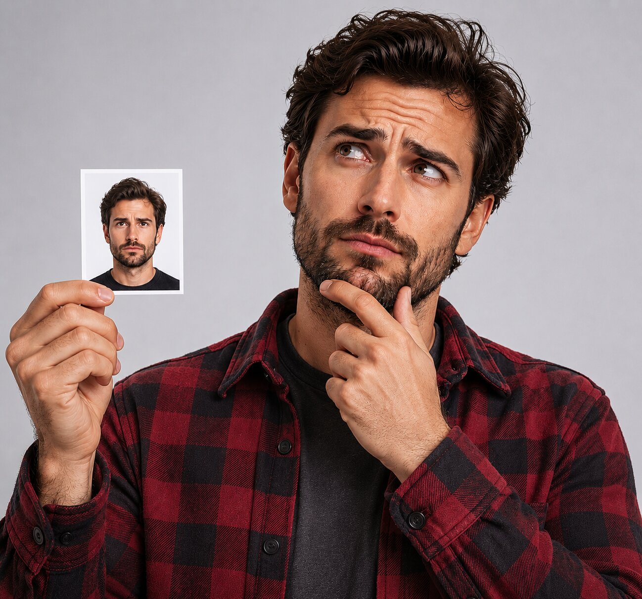 Man in a thinking posture with a passport-size photo