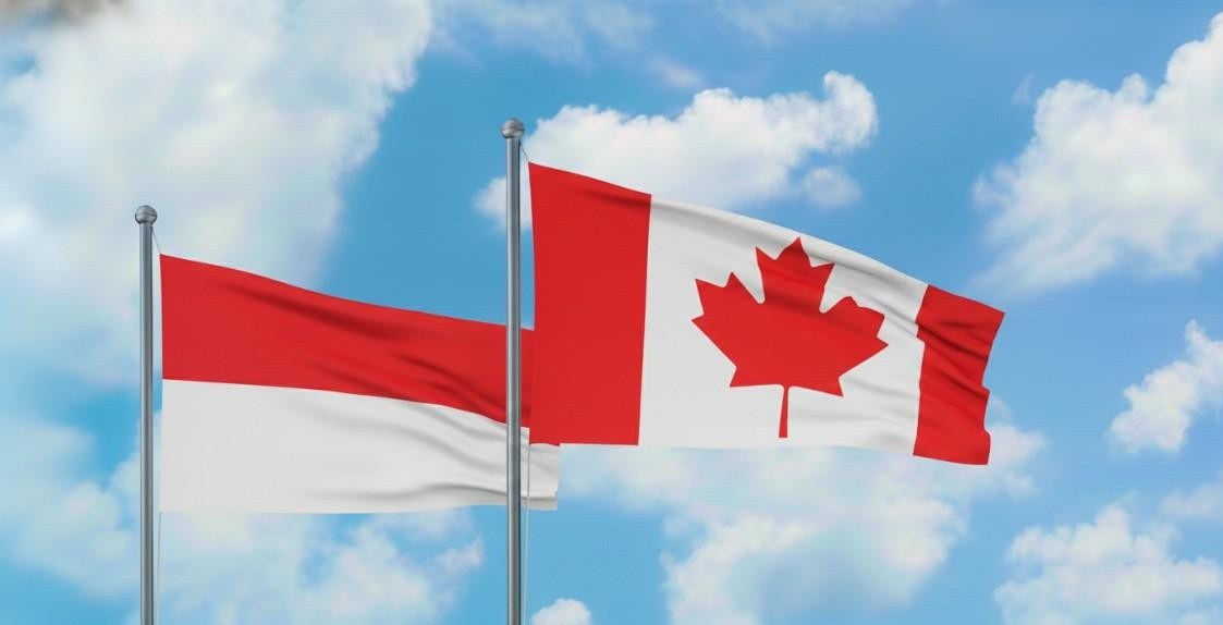 Monaco And Canada Flag Waving Together