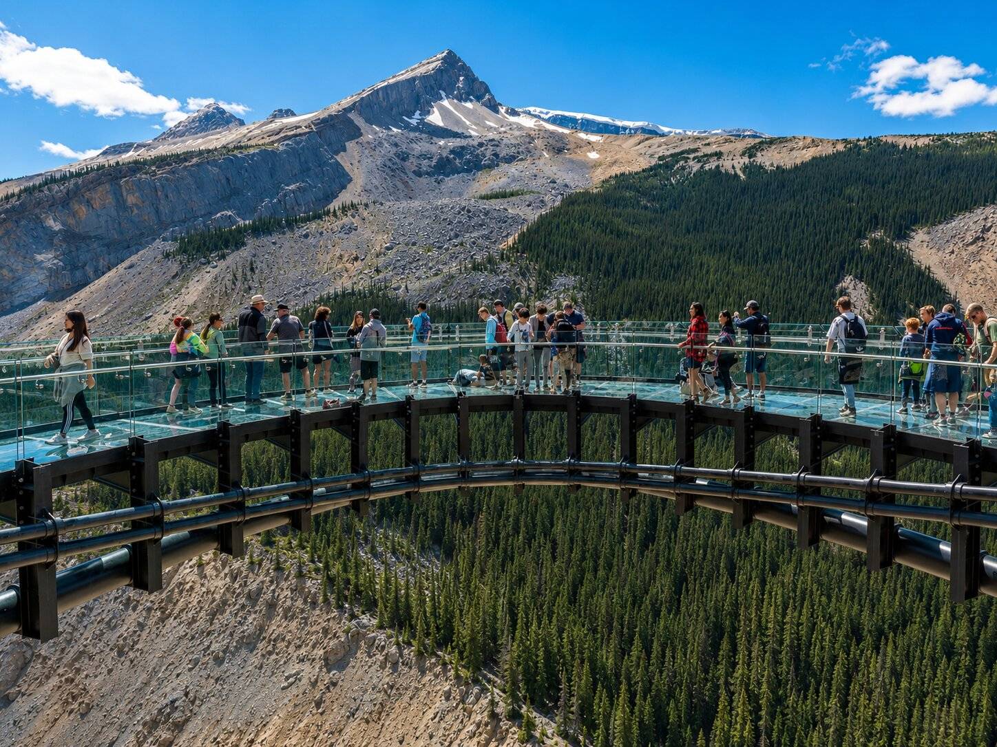 People standing atop a walkway bridge overlooking Jasper National Park