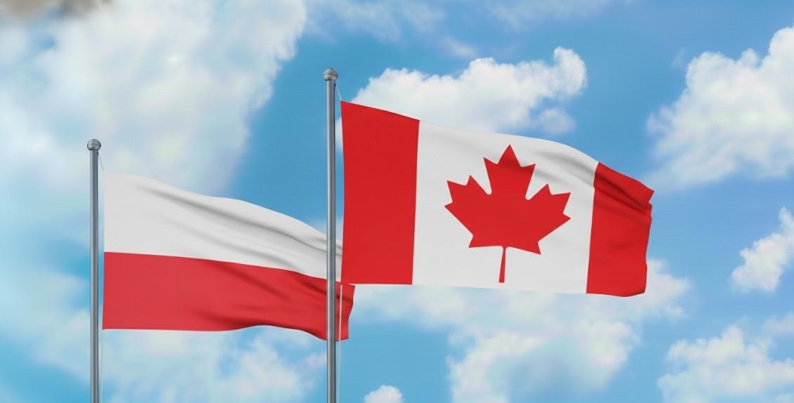 Poland And Canada Flags Waving Together