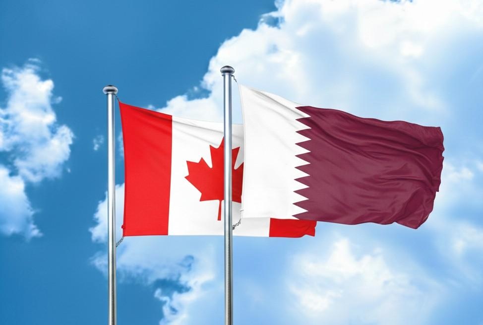 Qatar And Canada Flags Waving Together