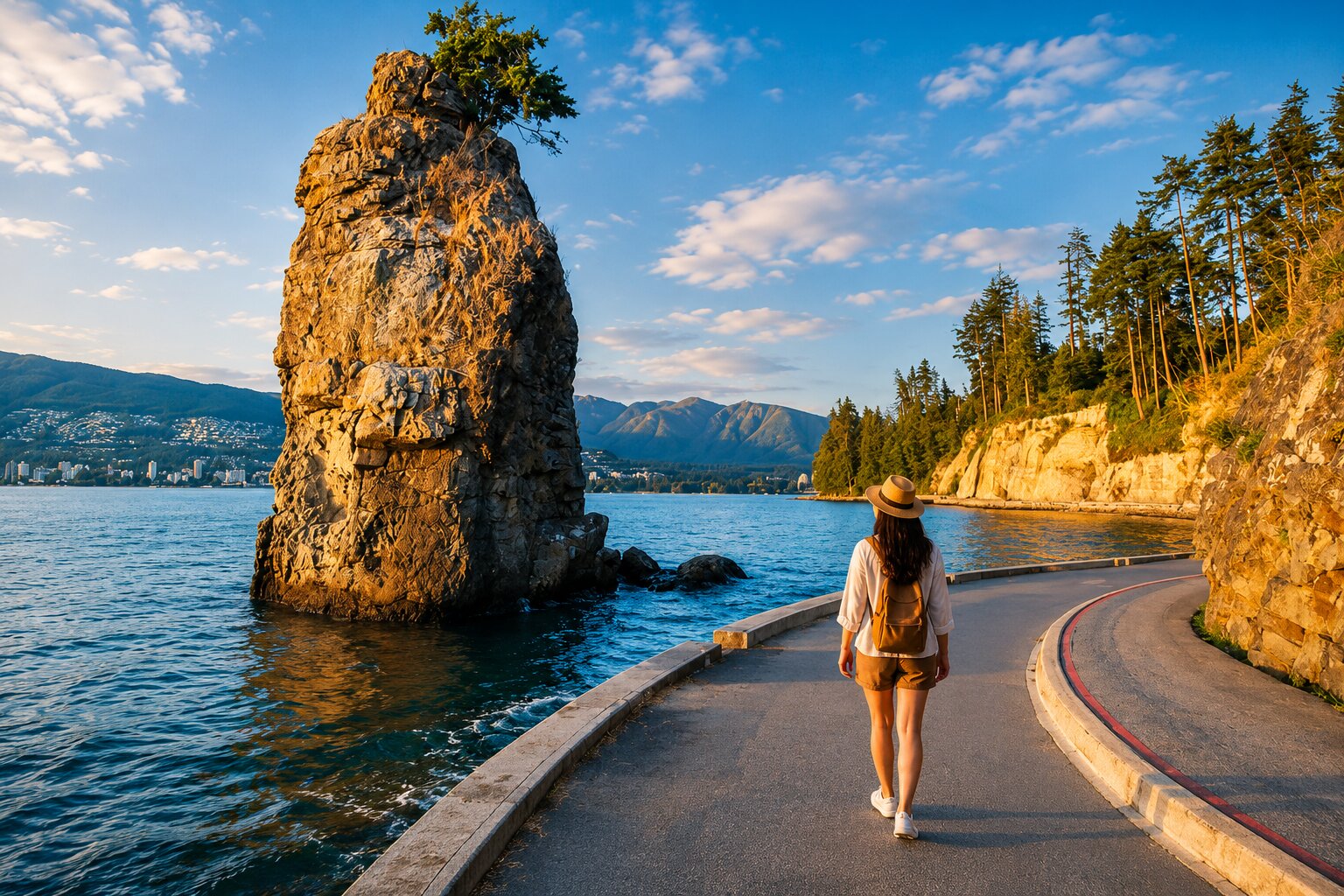 Solo Female Traveller Walking At Seawall