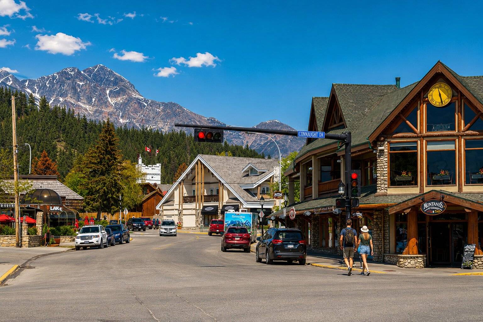 Tourist couple walking in Jasper town in Alberta