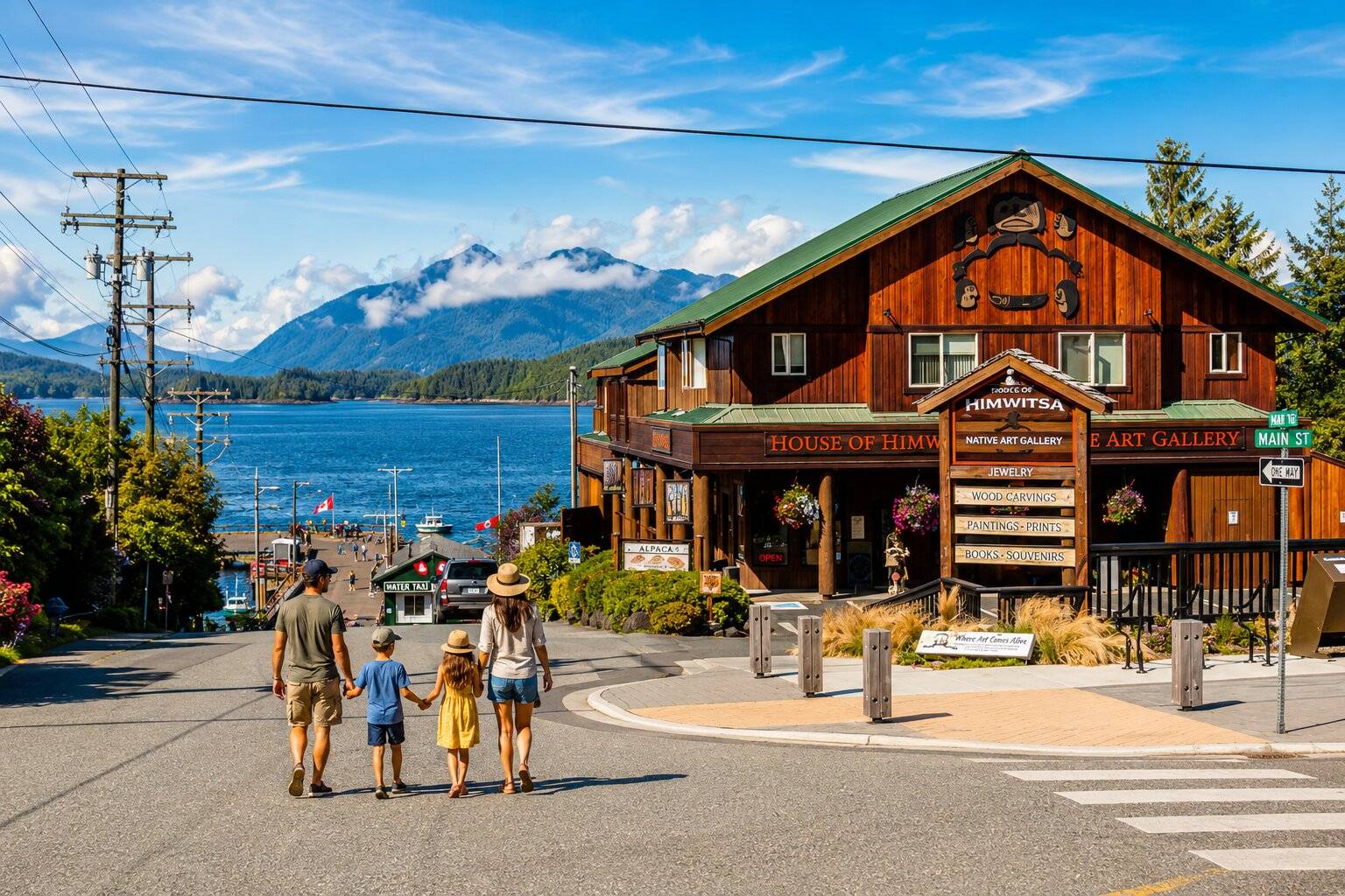 Tourist family walking in Tofino