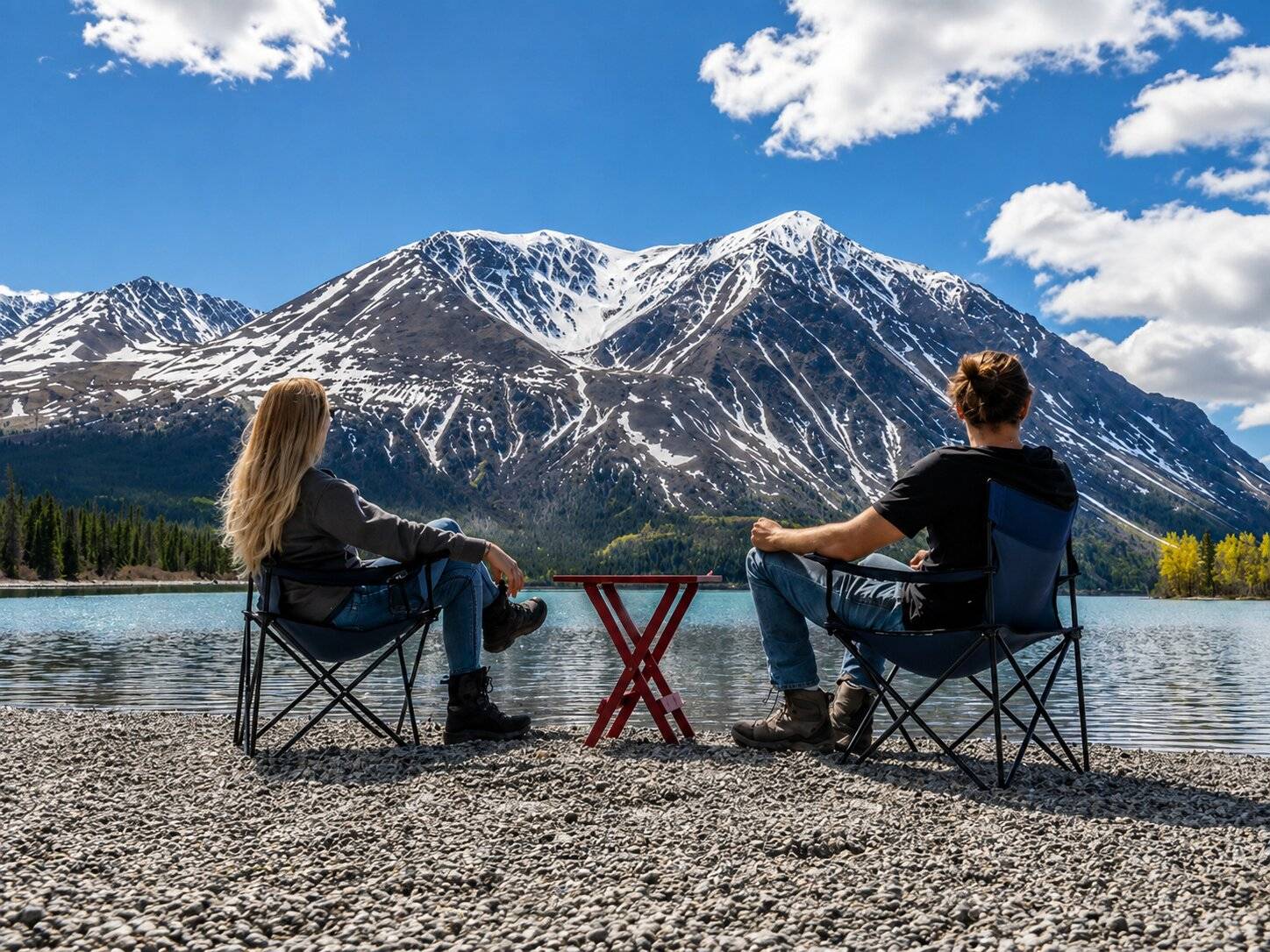 Two Tourists watching a Mountain in Kluane National Park